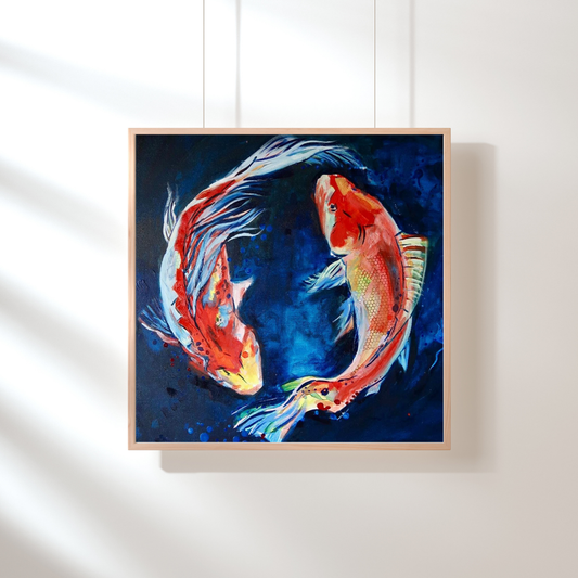 Twilight Swim - Original Koi Fish Painting on Canvas, Colorful Abstract Water Art, Symbolic Yin Yang Inspired Decor