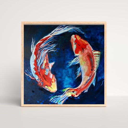 Twilight Swim - Original Koi Fish Painting on Canvas, Colorful Abstract Water Art, Symbolic Yin Yang Inspired Decor